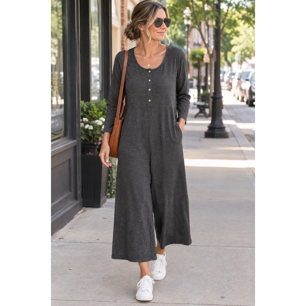 Three Bird Nest Jumpsuit Sz XL Gray Henley Wide Leg Long Sleeve Casual NEW